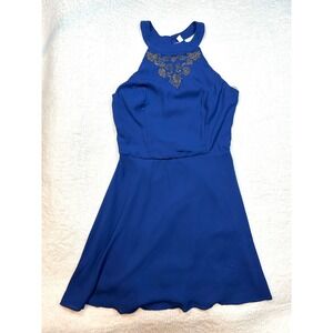 NWT Alya‎ halter fit & flare royal blue dress S knee length open back beaded